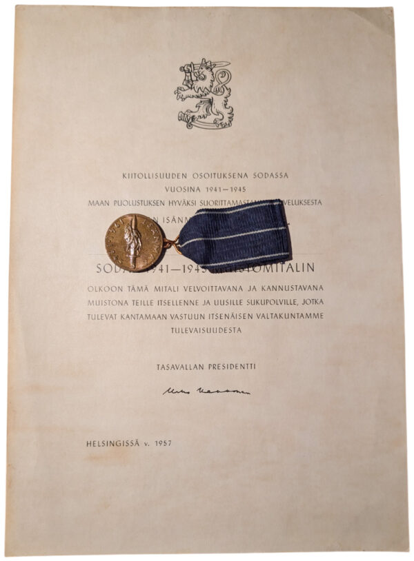 Finland 1941-1945 Continuation War Medal with Document - Image 2