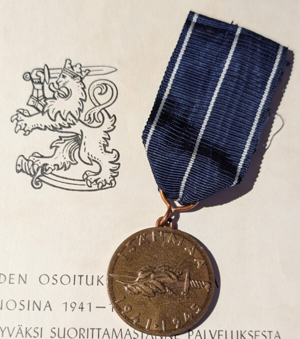 Finland 1941-1945 Continuation War Medal with Document