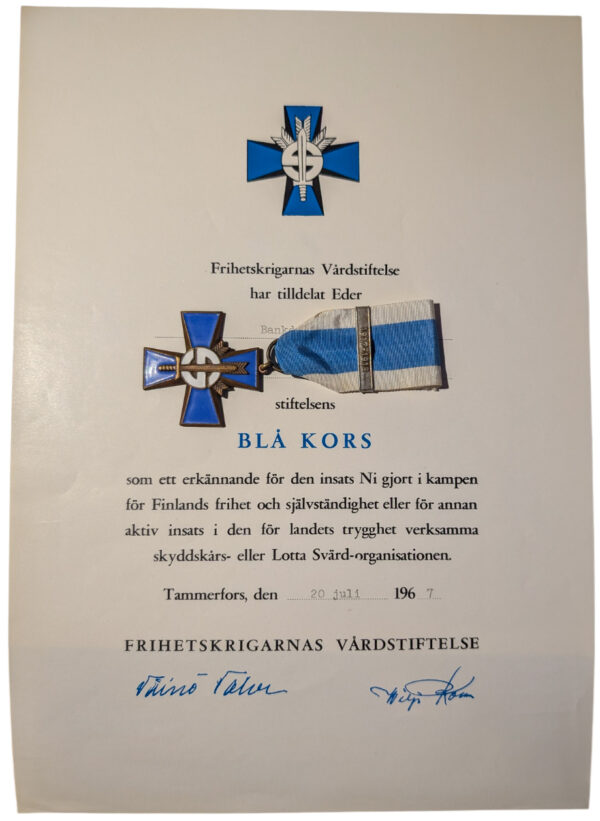 Finland Civil Guard Blue Cross with 1917-1918 Bar and Document - Image 2