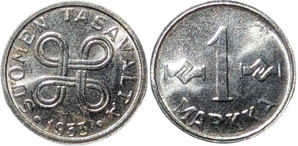 Finland 1953 1 Markka, Nickel Plated Error - Image 2