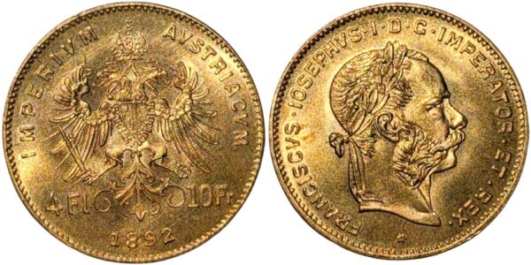 Austria Gold 1892 4 Florins / 10 Francs re-strike - Image 3