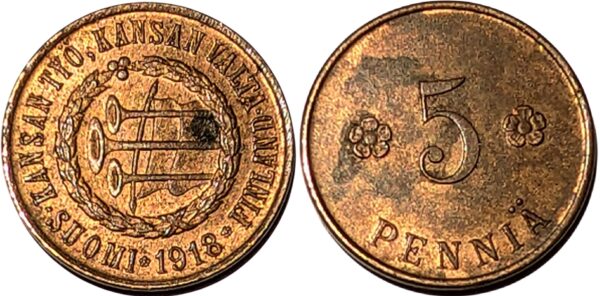 Finland 1918 5 Pennia Civil War Coinage - Image 3