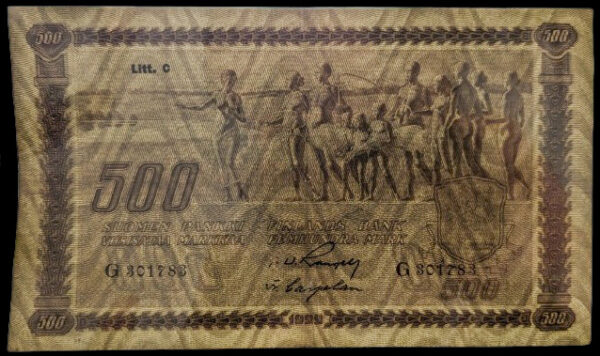 500 Markkaa 1922 Litt. C G301783 Kivialho – Rangell, tyyppi II - Image 3