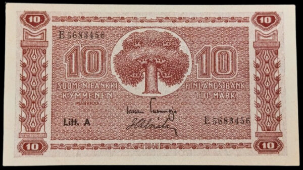 Finland 1945 10 Markkaa Litt. A E5683456 Tuomioja - Alsiala
