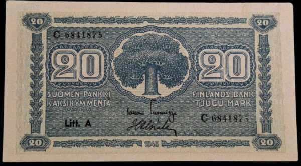 Finland 1945 20 Markkaa Litt. A C6841875 Tuomioja - Alsiala