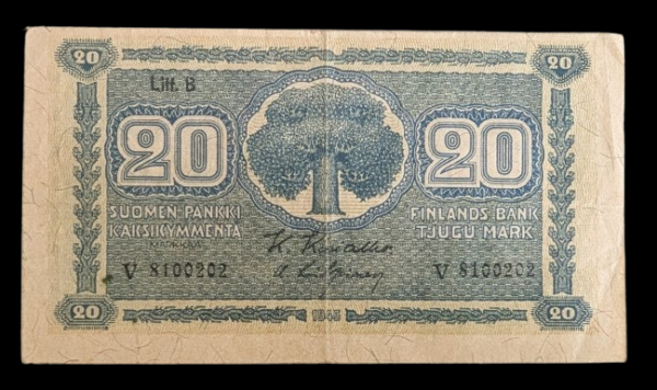 Finland 1945 20 Markkaa Litt. B,  Off Center Error