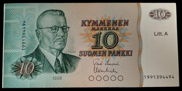Finland 1980 10 Markkaa Litt. A, 199 Replacement Series, Off Center Error - Image 2