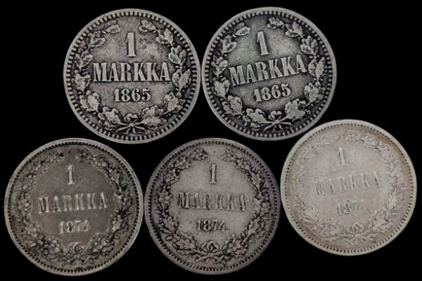 1 Markka 1865-1874 5kpl