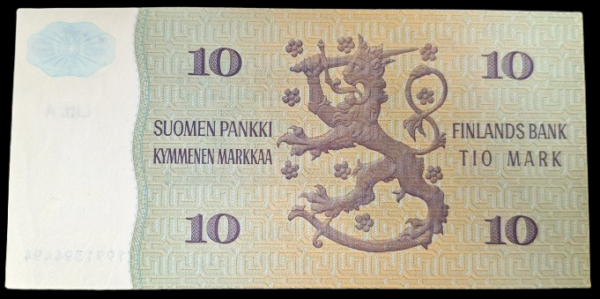 Finland 1980 10 Markkaa Litt. A, 199 Replacement Series, Off Center Error - Image 3