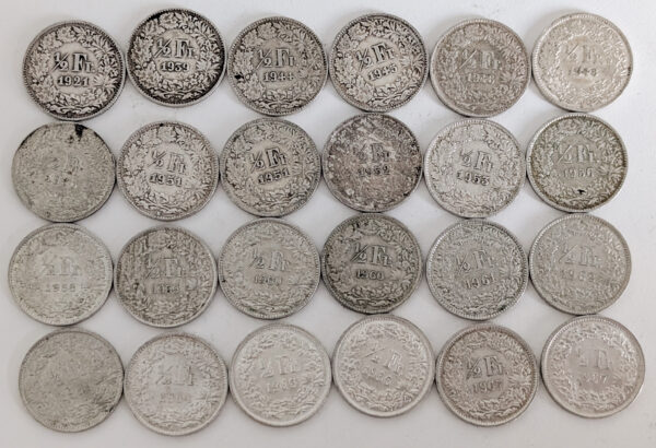 Switzerland 1921-1967 1/2 Franc 24pcs lot