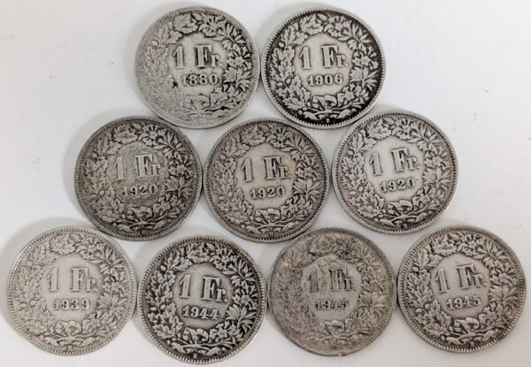 Switzerland 1880-1945 1 Franc 9pcs lot