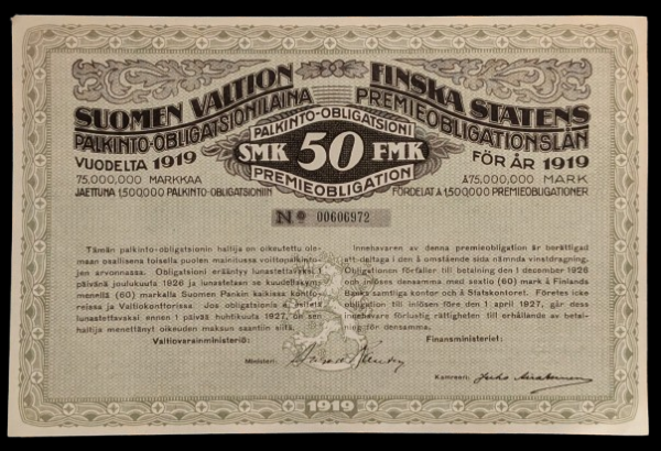 Suomen Valtio palkinto-obligaatiolaina 50 Markkaa 1919