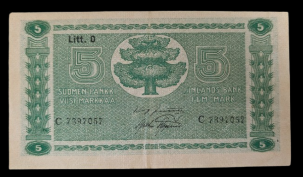 5 Markkaa 1939 Litt. D C7397057 Jutila – Aspelund