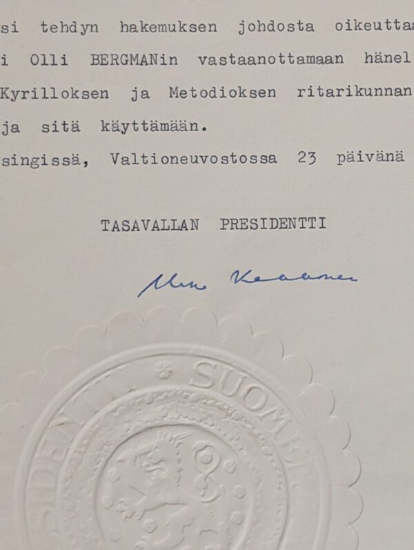 Kekkosen signeeraama asiakirja vuodelta 1960