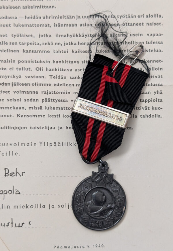 Finland Winter War Medal 1939-1940 Rannikkopuolustus Bar & Document