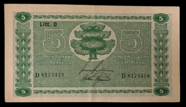 5 Markkaa 1939 Litt. D D8173418 Raittinen - Aspelund