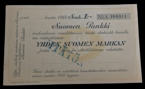 Bank of Finland 1918 1 Markka No. 209311