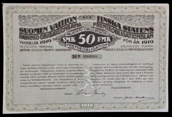 Finnish State Prize-Bond 50 Markkaa 1919