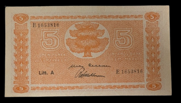 Finland 1945 5 Markkaa Litt. A E1653816 Kekkonen – Wahlman