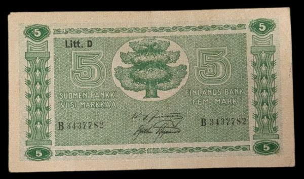 5 Markkaa 1939 Litt. D B3437782 Jutila – Aspelund