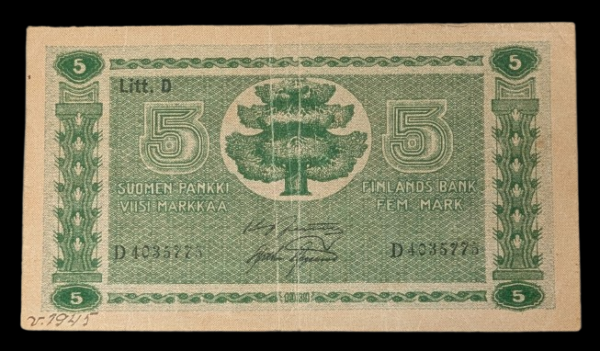 5 Markkaa 1939 Litt. D D4035775 Jutila – Aspelund