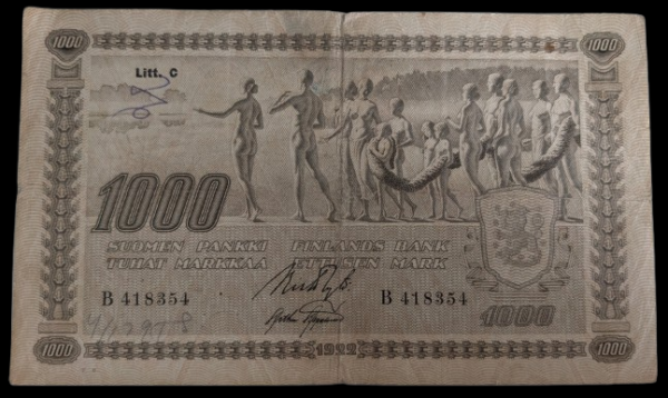 Finland 1922 1000 Markkaa Litt. C B418354 Ryti - Aspelund (Type I)