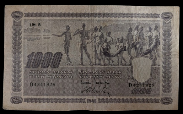 Finland 1945 1000 Markkaa Litt. B D4241929 Tuomioja - Alsiala