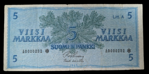 5 Markkaa 1963 Tähti A0000282,  pieni sarjanumero!