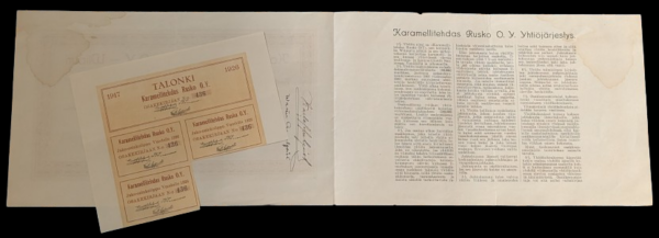 Rusko Caramel Factory Ltd. Vyborg, 500 Markkaa Share Certificate 1923 - Image 2