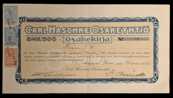 Carl Haschke Ltd. Vyborg 500 Markkaa Share Certificate 1920