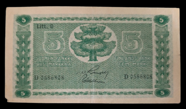5 Markkaa 1939 Litt. D D0586808 Rangell – Wahlman