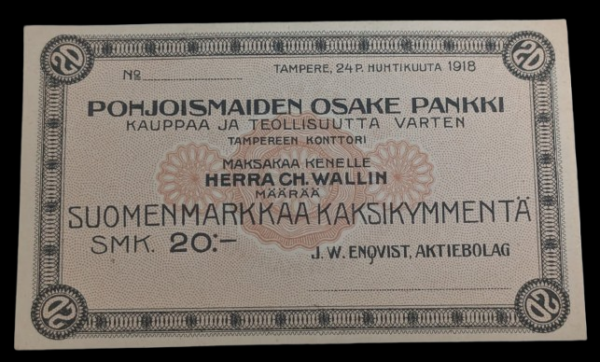 Finland 1918 20 Markkaa, Nordic Joint Stock Bank, Tampere Branch, CH Wallinille - J.W Enqvist Aktiebolag