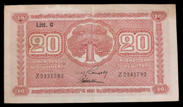 20 Markkaa 1922 Litt. C Z0231792 Rangell – Wahlman