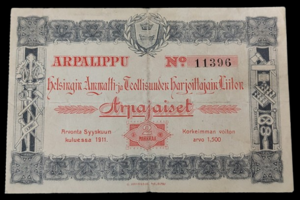 Helsingin ammatin- ja teollisuuden-harjoittajain liiton, arpalippu 1911
