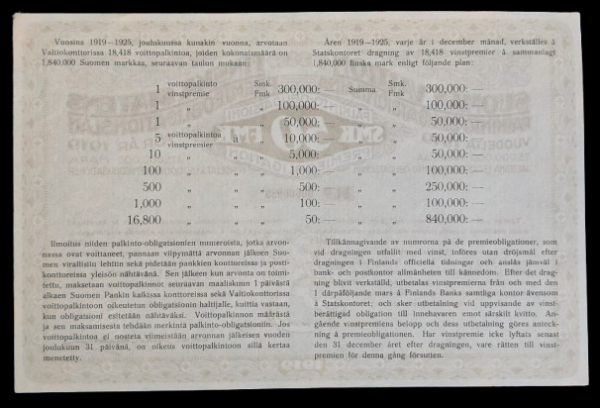 Finnish State Prize-Bond 50 Markkaa 1919 - Image 2