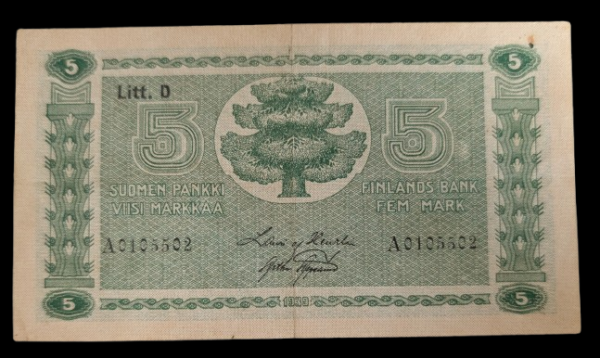 5 Markkaa 1939 Litt. D A0105502 af Heurlin – Aspelund