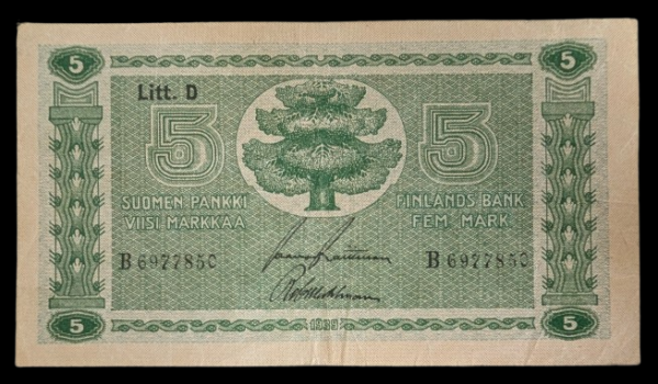 5 Markkaa 1939 Litt. D B6977850 Raittinen – Wahlman