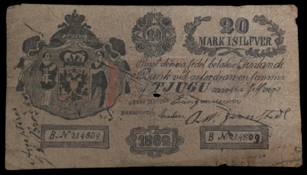Finland 1862 20 Markkaa, Old Falsification from the Time Period, ex. Holmasto Auction No 129