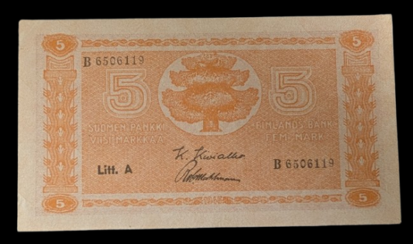 Finland 1945 5 Markkaa Litt. A B6506119 Kivialho – Wahlman