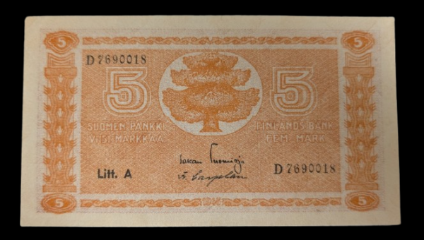 Finland 1945 5 Markkaa Litt. A D7690018 Tuomioja – Carpelan