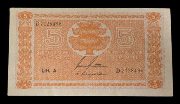 Finland 1945 5 Markkaa Litt. A D7128496 Raittinen – Carpelan