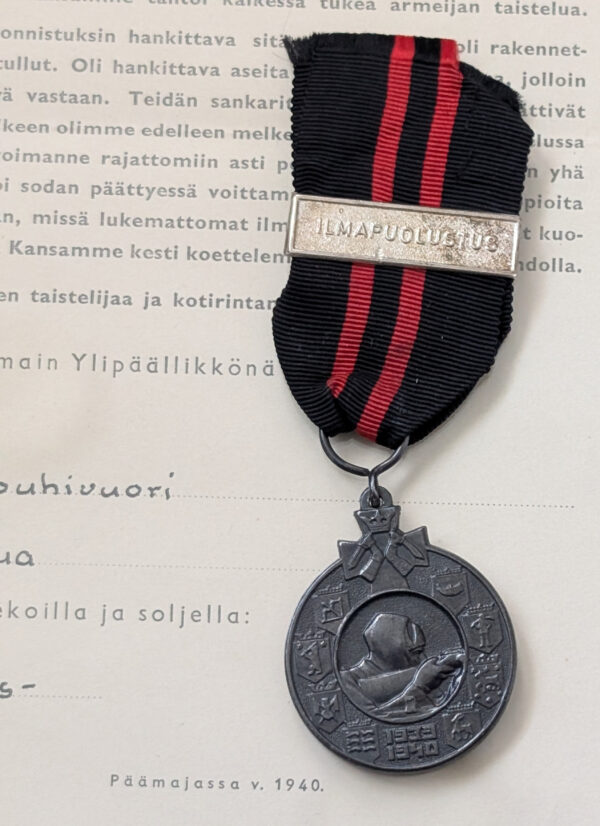 Finland Winter War Medal 1939-1940 Ilmapuolustus Bar & Document