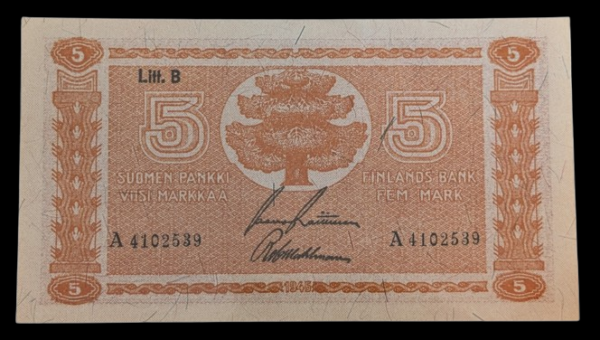 Finland 1945 5 Markkaa Litt. B A4102539 Kekkonen – Wahlman