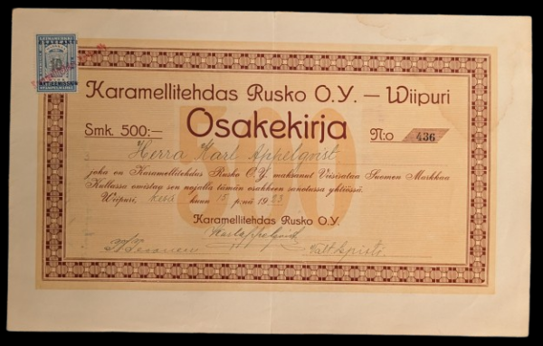 Rusko Caramel Factory Ltd. Vyborg, 500 Markkaa Share Certificate 1923