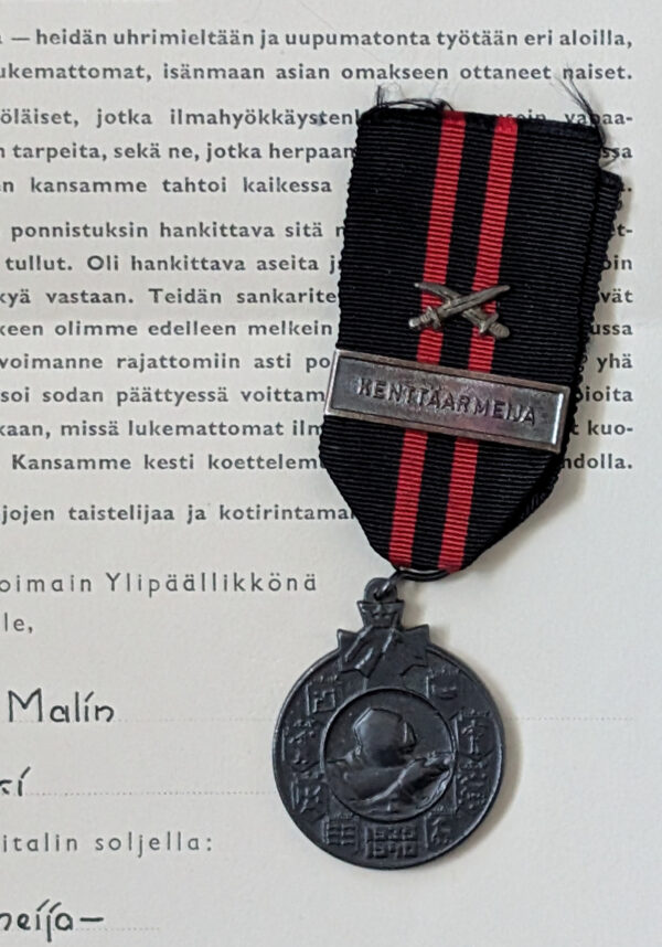 Finland Winter War Medal 1939-1940 Kenttäarmeija Bar & Document