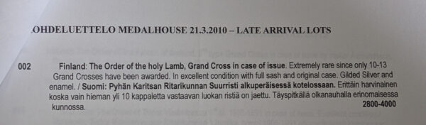 Finland Order of the Holy Lamb Grand Cross in case of Issue, Awarded to Major Olli Bergman - Image 5