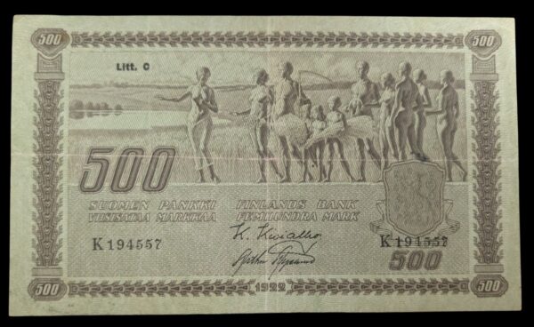 500 Markkaa 1922 Litt. C K194557 Kivialho – Aspelund, tyyppi III