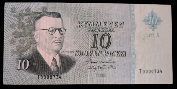 10 Markkaa Litt. A T0000734, pieni sarjanumero!