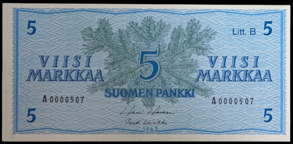 5 Markkaa 1963 Litt. B A0000507, pieni sarjanumero!