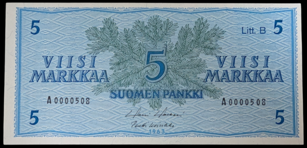 5 Markkaa 1963 Litt. B A0000508, pieni sarjanumero!